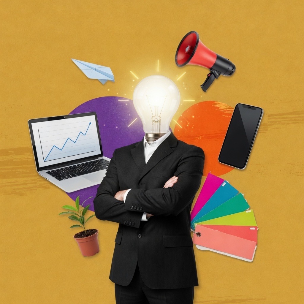 A lightbulb-headed figure with a laptop and a phone